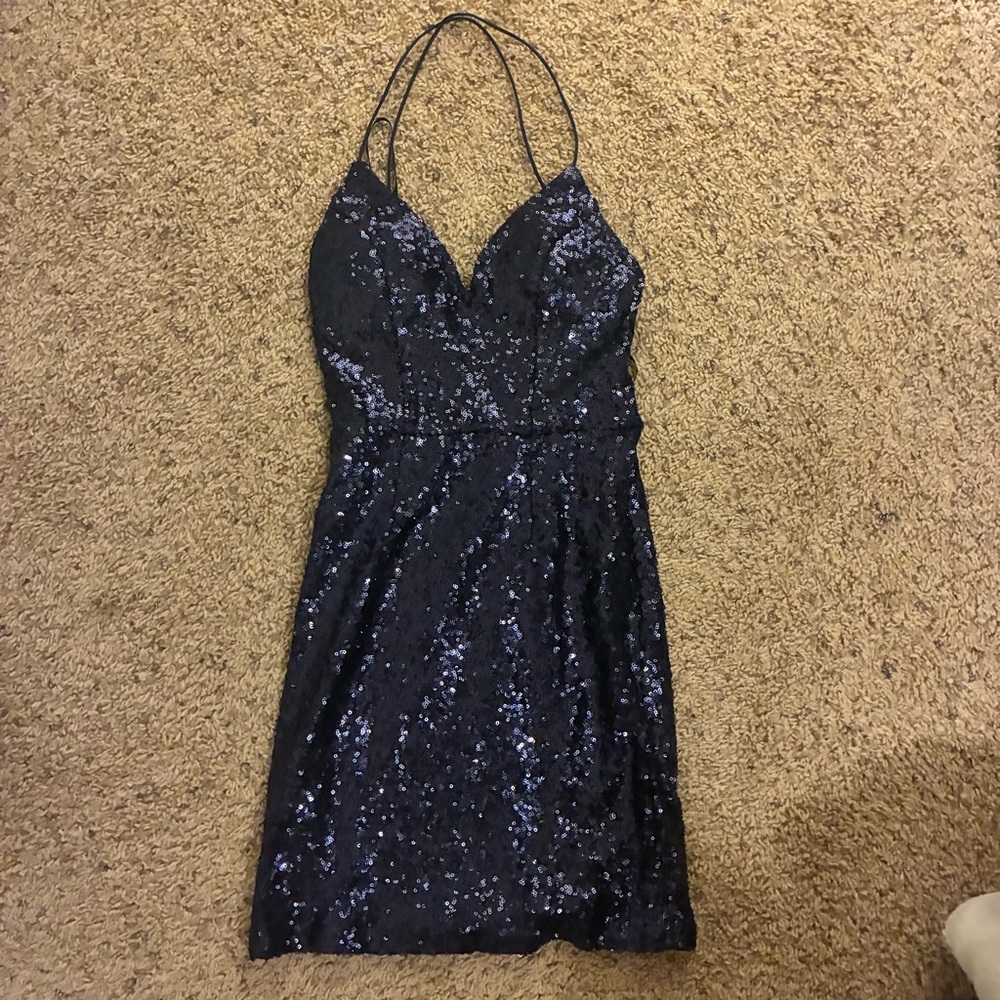 Hello Molly Navy Sequin Mini Dress with Spaghetti Straps